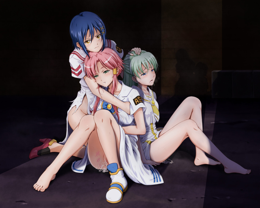 3girls after_rape aika_granzchesta_(aria) akari_mizunashi_(aria) alice_carroll_(aria) aria_(series) aria_company_uniform bare_shoulders barefoot blue_eyes blue_hair boots clothed_rape collarbone cum cum_in_mouth dress dress_lift earrings feet fukuro_ooji green_eyes green_hair hair_tubes half-closed_eyes hand_on_another's_head highres himeya_company_uniform jewelry multiple_girls open_mouth orange_planet_uniform pink_hair pumps red_footwear sailor_collar sailor_shirt shiny shiny_hair shirt short_hair short_hair_with_long_locks short_sleeves sidelocks single_boot sitting toes torn_clothes torn_dress white_dress white_sailor_collar white_shirt yellow_eyes