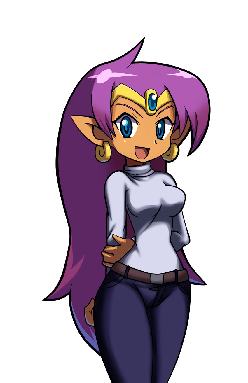 1girls abby_nii belt blue_eyes breasts brown_skin dark-skinned_female dark_skin denim earrings female female_focus female_only hair_down hands_behind_back highres hoop_earrings jeans jewelry long_hair looking_at_viewer official_art official_artwork_edit open_mouth pants pointy_ears purple_hair shantae shantae_(character) simple_background smile smooth_skin solo sweater tan_skin thighs third-party_edit tiara turtleneck turtleneck_sweater very_long_hair white_background white_sweater