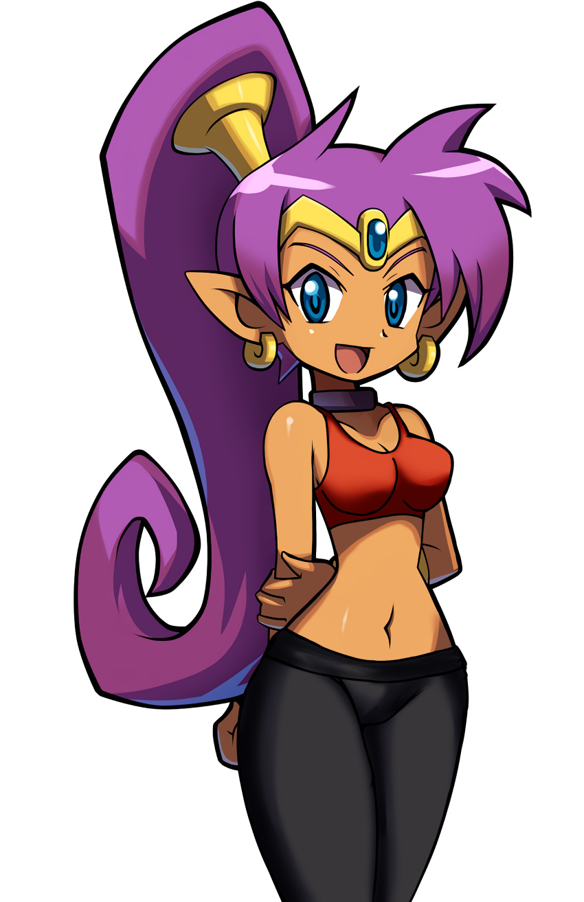 1girls abby_nii bare_arms bare_shoulders blue_eyes bra breasts brown_skin cleavage collarbone dark-skinned_female dark_skin earrings female female_focus female_only hands_behind_back highres hoop_earrings jewelry long_hair looking_at_viewer open_mouth pants pointy_ears ponytail purple_hair red_bra shantae shantae_(character) simple_background smile smooth_skin solo sports_bra tan_skin thighs third-party_edit tiara very_long_hair white_background yoga_pants