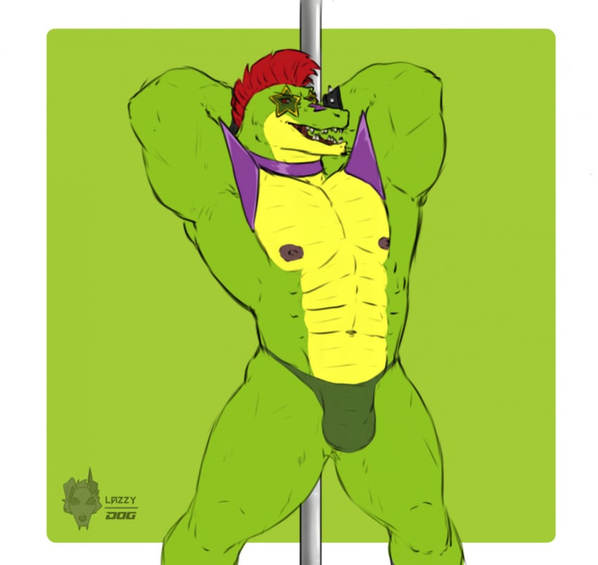 1boy 2021 abs alligator alligatorid anthro areola barazoku biceps border bulge choker clothed clothing crocodilian eyewear five_nights_at_freddy's five_nights_at_freddy's:_security_breach flaccid glasses green_background green_body green_nose green_skin hair hi_res jewelry lazzyd0g looking_at_viewer male male_only manly mohawk montgomery_gator_(fnaf) mostly_nude multicolored_body multicolored_skin muscular navel necklace nipples open_mouth pecs pole presenting_bulge raised_arm red_eyes red_hair reptile scalie sharp_teeth short_hair simple_background smile solo standing star star_glasses stripper stripper_pole teeth thick_thighs triceps underwear video_games white_border yellow_body yellow_skin