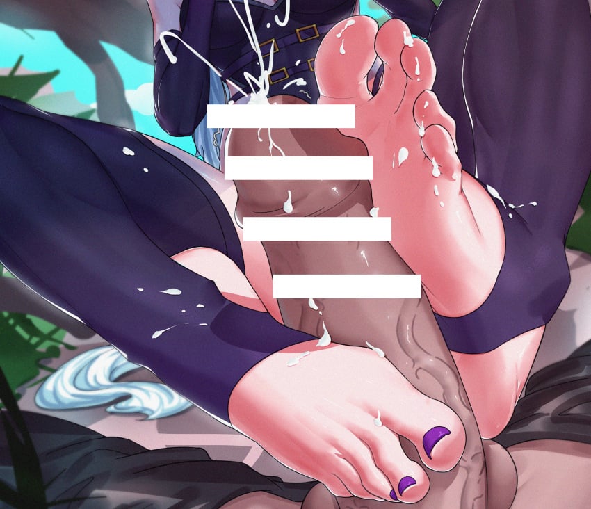 1girls amisha barefoot censored cum cum_on_feet cum_on_toes feet female foot_fetish footjob league_of_legends male nail_polish painted_nails painted_toenails penis purple_nail_polish purple_nails purple_toenails stirrup_legwear stirrup_socks syndra toes