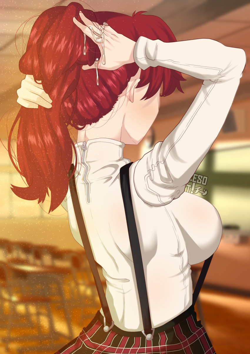 1girls breasts cheesoart cum cum_on_hair cum_on_hand female_focus female_only fingers kasumi_yoshizawa long_hair persona persona_5 ponytail red_hair school_uniform solo sumire_yoshizawa suspenders unaware