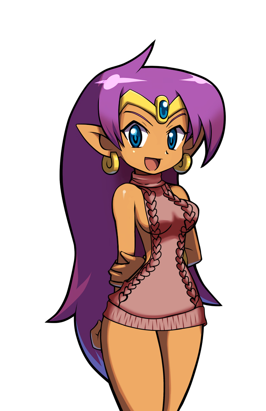 1girls abby_nii bare_arms bare_legs blue_eyes breasts brown_skin dark-skinned_female dark_skin earrings female female_focus female_only hair_down hands_behind_back highres hoop_earrings jewelry long_hair looking_at_viewer meme_attire open_mouth pointy_ears purple_hair shantae shantae_(character) simple_background smile smooth_skin solo sweater tan_skin thighs third-party_edit tiara turtleneck very_long_hair virgin_killer_sweater white_background