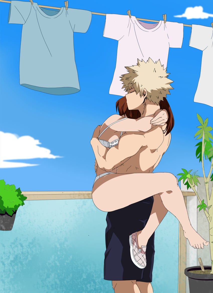 1boy 1boy1girl bra bra_slip bra_strap carrying_partner dailykrumbs embrace embracing eyes_closed female hugging katsuki_bakugou male male/female muscular muscular_male my_hero_academia nightlykrumbs ochako_uraraka panties shorts spiky_hair straight thighs thong underwear white_panties