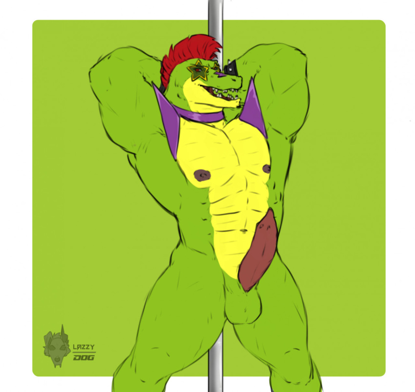 1boy 2021 abs alligator alligatorid animal_genitalia animal_penis anthro areola balls barazoku biceps boner border choker crocodilian erection eyewear five_nights_at_freddy's five_nights_at_freddy's:_security_breach genital_slit genitals glasses green_background green_body green_nose green_skin hair hi_res jewelry lazzyd0g long_penis looking_at_viewer male male_only manly mohawk montgomery_gator_(fnaf) multicolored_body multicolored_skin muscular navel necklace nipples nude open_mouth pecs penis pole presenting presenting_balls presenting_penis presenting_slit raised_arm red_eyes red_hair reptile scalie sharp_teeth short_hair simple_background slit smile solo standing star star_glasses stripper stripper_pole teeth thick_thighs triceps video_games white_border yellow_body yellow_skin