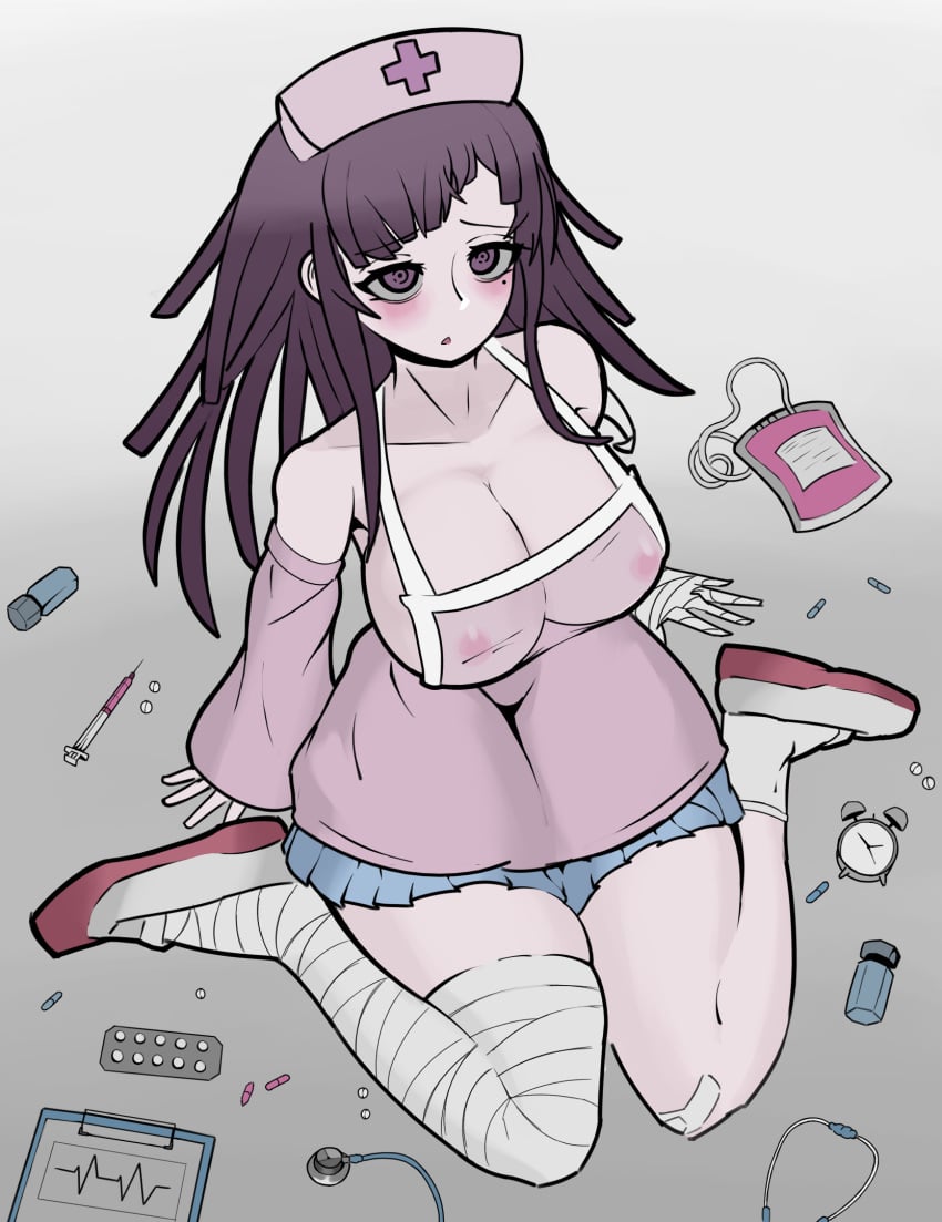 1girls apron big_breasts blush breasts danganronpa danganronpa_2:_goodbye_despair female_only nurse_cap see-through skirt straight_hair trizzz tsumiki_mikan