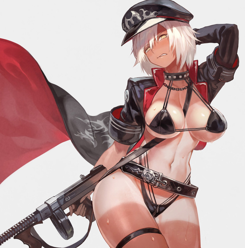 1girls angry belt big_breasts bikini bikini_top cap cape choker cloak fate/grand_order fate_(series) firearm gun hand_behind_head jeanne_alter lack rifle submachine_gun sweat sweatdrop tan_skin tanline tanlines tanned thick_thighs thigh_strap thompson_submachine_gun thong weapon white_background white_hair yellow_eyes