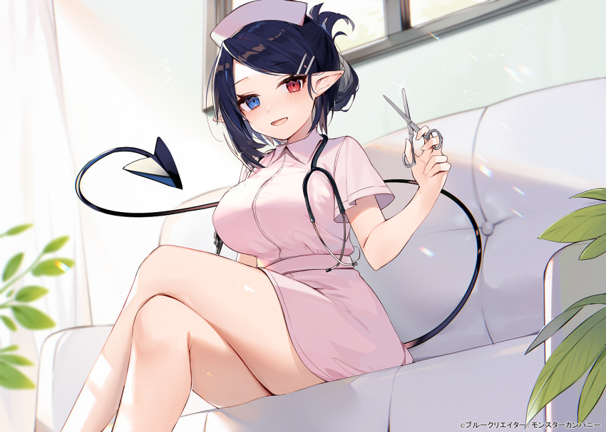 :d black_hair blue_eyes blush breasts commentary_request couch crossed_legs demon_tail eyebrows_visible_through_hair female folded_ponytail hair_ornament hairclip hat heterochromia indoors large_breasts looking_at_viewer muryotaro nurse nurse_cap official_art open_mouth original plant pointy_ears red_eyes scissors short_hair short_sleeves sitting smile solo stethoscope tail thick_thighs thighs window wing_collar