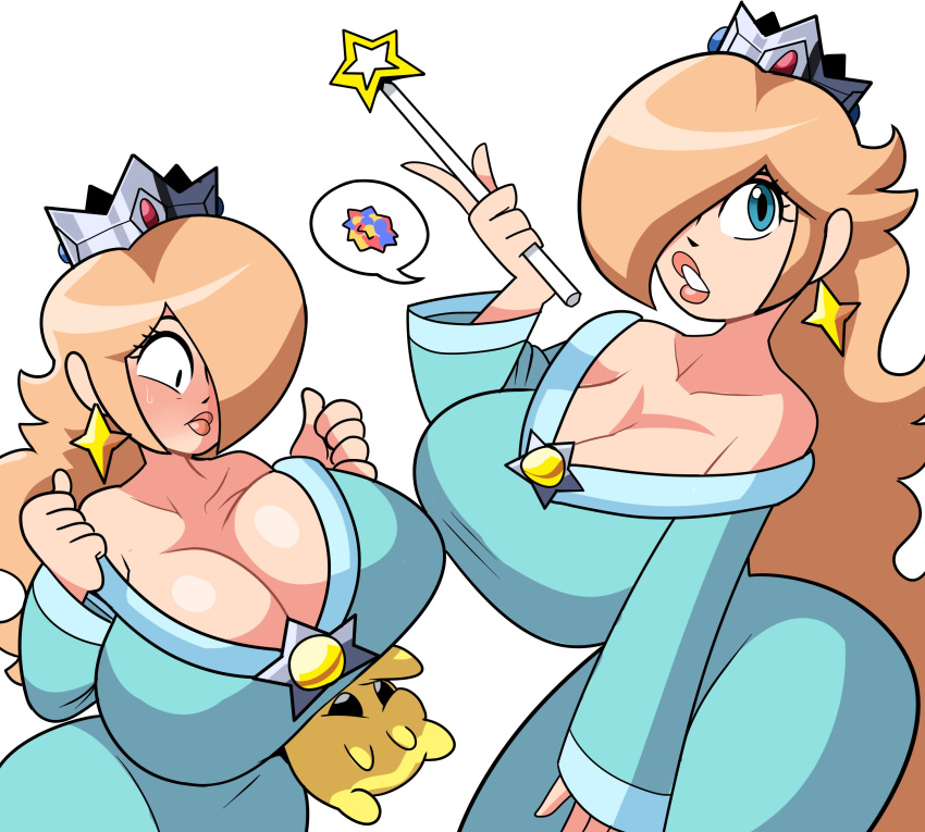 1girls bimbo blonde_hair blue_eyes breasts cleavage earrings female female_only huge_breasts large_breasts long_hair luma mario_(series) nintendo princess_rosalina star_bits super_mario_galaxy superspoe white_background