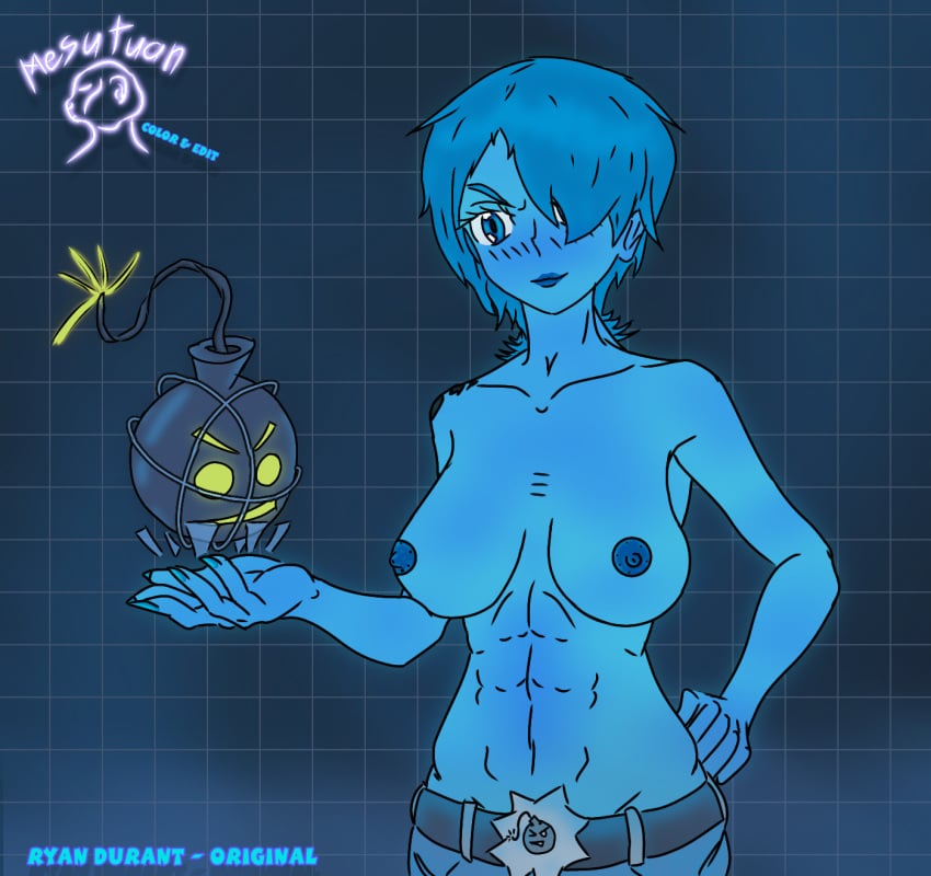 1girls belly big_breasts blue_eyes blue_hair blue_skin bomb breasts female female_only half-dressed mesutuan muscles muscular_female netricsa nipples no_bra pants ryan_durant serious_sam short_hair six_pack smile