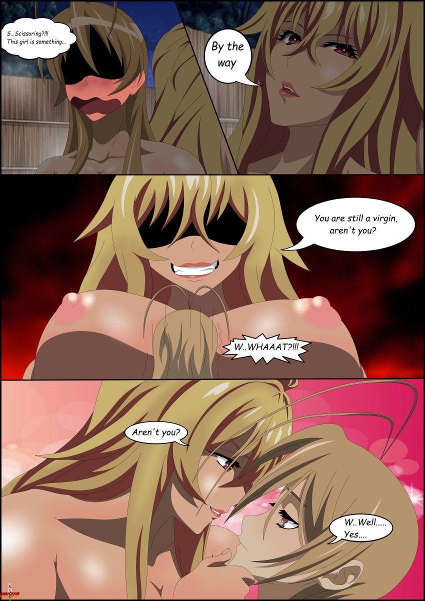 2girls blonde_hair blush crossover dialogue dinosknight highschool_of_the_dead multiple_girls nude outdoors rei_miyamoto shikishima_mirei speech_bubble text valkyrie_drive valkyrie_drive_-mermaid- yuri