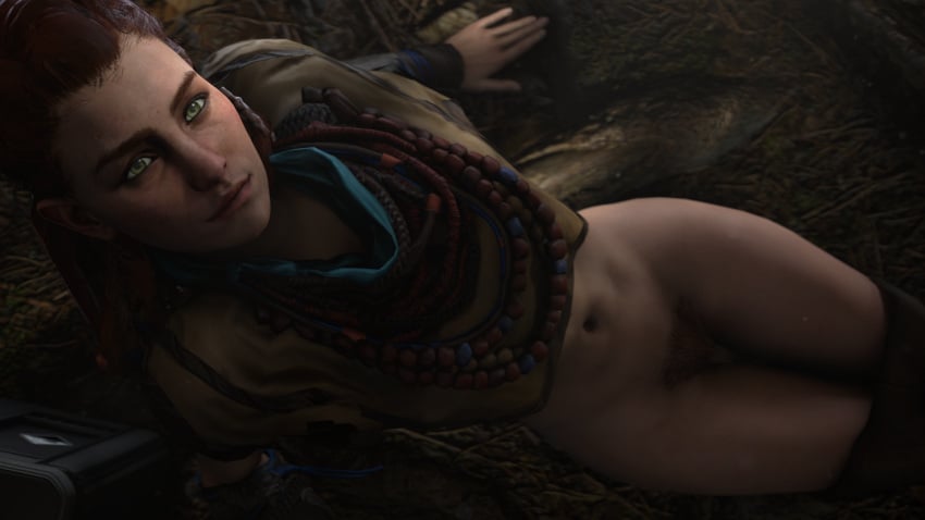 1girls 3d 3d_(artwork) above_view abs aloy atlassfm braided_hair dreadlocks female female_only freckles ginger green_eyes guerilla_games half_updo horizon_zero_dawn light_skin looking_at_viewer orange_hair pubic_hair pussy red_hair solo tied_hair