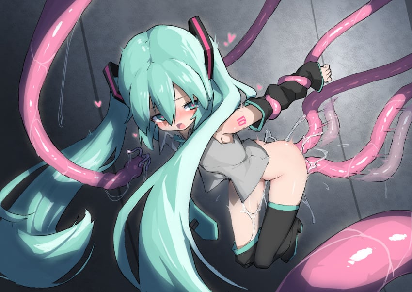 absurdres anal arms_behind_back ass black_legwear black_sleeves blush bottomless clothed_rape cum cum_in_ass cum_in_pussy cum_on_body detached_sleeves double_penetration empty_eyes female fukutchi green_eyes green_hair green_neckwear grey_shirt hatsune_miku heart heart-shaped_pupils highres long_hair moaning motion_blur necktie open_mouth overflow rape restrained shirt symbol-shaped_pupils tears tentacle tentacle_rape thigh_gap thighhighs thighs twintails vaginal_penetration very_long_hair vocaloid