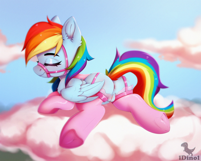 2021 5:4 anus ass closed_eyes clothing cloud digital_media_(artwork) dinoalpaka equid equine eyebrows eyelashes feral friendship_is_magic genitals hasbro hi_res legwear mammal multicolored_tail my_little_pony on_cloud outside pegasus pussy rainbow_dash_(mlp) rainbow_tail smile solo wings