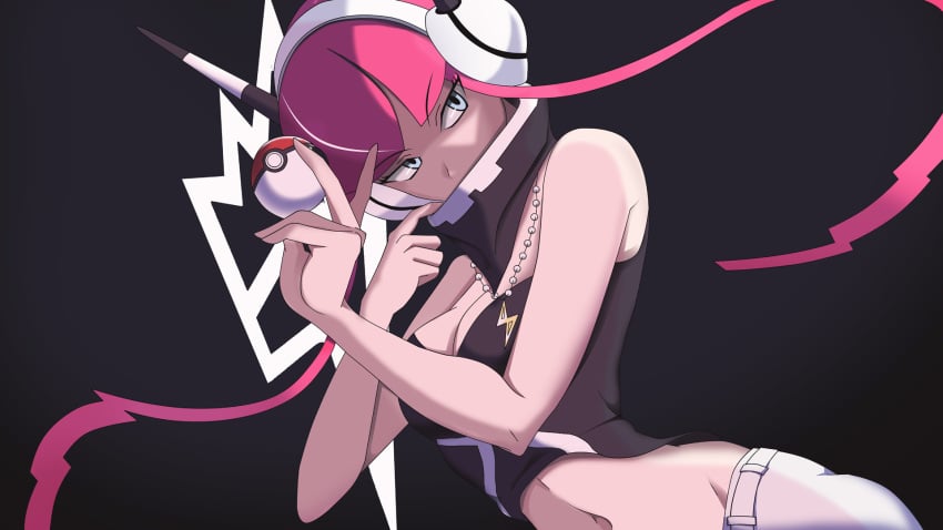 16:9 1girls 2020 2020s alternate_costume alternate_hair_color bare_arms bare_shoulders black_background black_clothing blue_eyes breasts cleavage elesa_(pokemon) enemy_conversion eyebrows_visible_through_hair female female_only gym_leader headphones holding_poke_ball human long_hair long_sidelocks mask medium_breasts midriff navel necklace nintendo no_eyewear pants pearl_necklace poke_ball pokemon pokemon_bw pose purple_hair sidelocks solo standing team_skull tubetop very_long_hair vivivoovoo