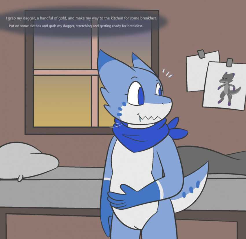 anthro bed bedroom blue_body blue_scales bodily_fluids building casual drooling english_text female furniture genitals handwear happy hi_res house kobold lazuli_(ritzcat) neckwear pillow pussy ritzcat saliva scales solo standing text white_body white_scales