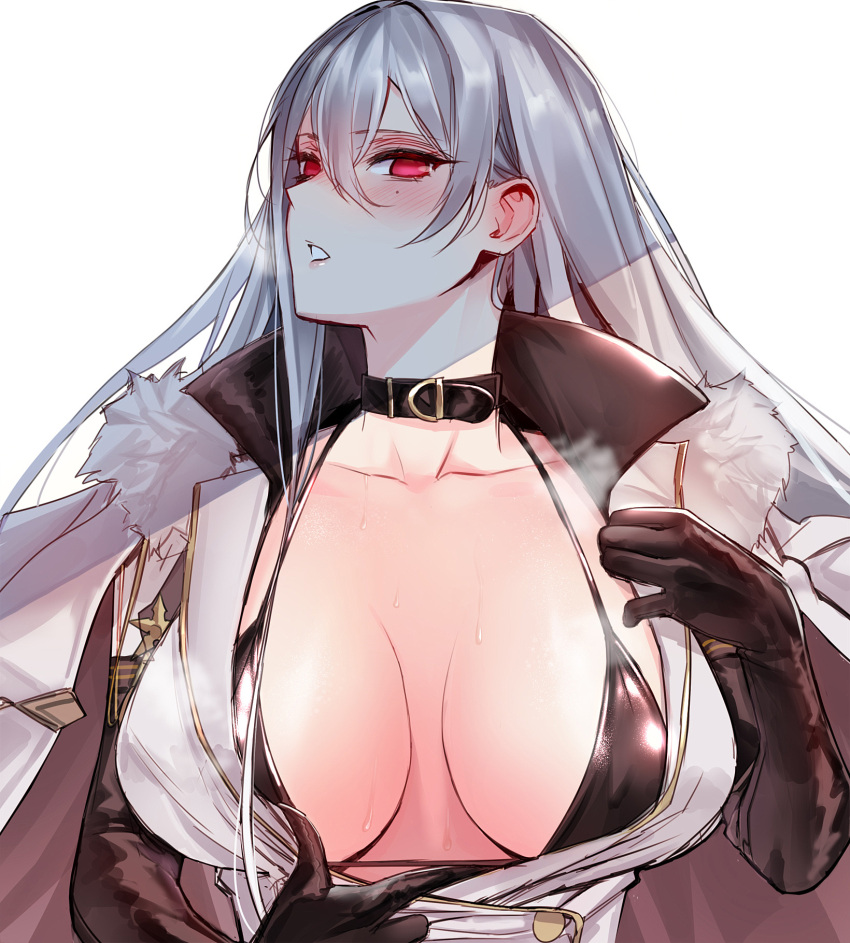 1girls azur_lane bangs bikini bikini_top black_bikini blush breasts cape choker cleavage coat coat_dress collarbone commentary dress elbow_gloves female female_only fur-trimmed_cape fur-trimmed_coat fur_collar fur_trim gloves hair_between_eyes halterneck hat head_tilt high_collar highres hyury jacket jacket_on_shoulders large_breasts light-skinned_female light_skin long_hair looking_to_the_side military military_hat military_uniform mole mole_under_eye northern_parliament_(azur_lane) open_clothes open_jacket parted_lips red_lips silver_hair solo sovetskaya_rossiya_(azur_lane) sweat swimsuit undressing uniform white_coat