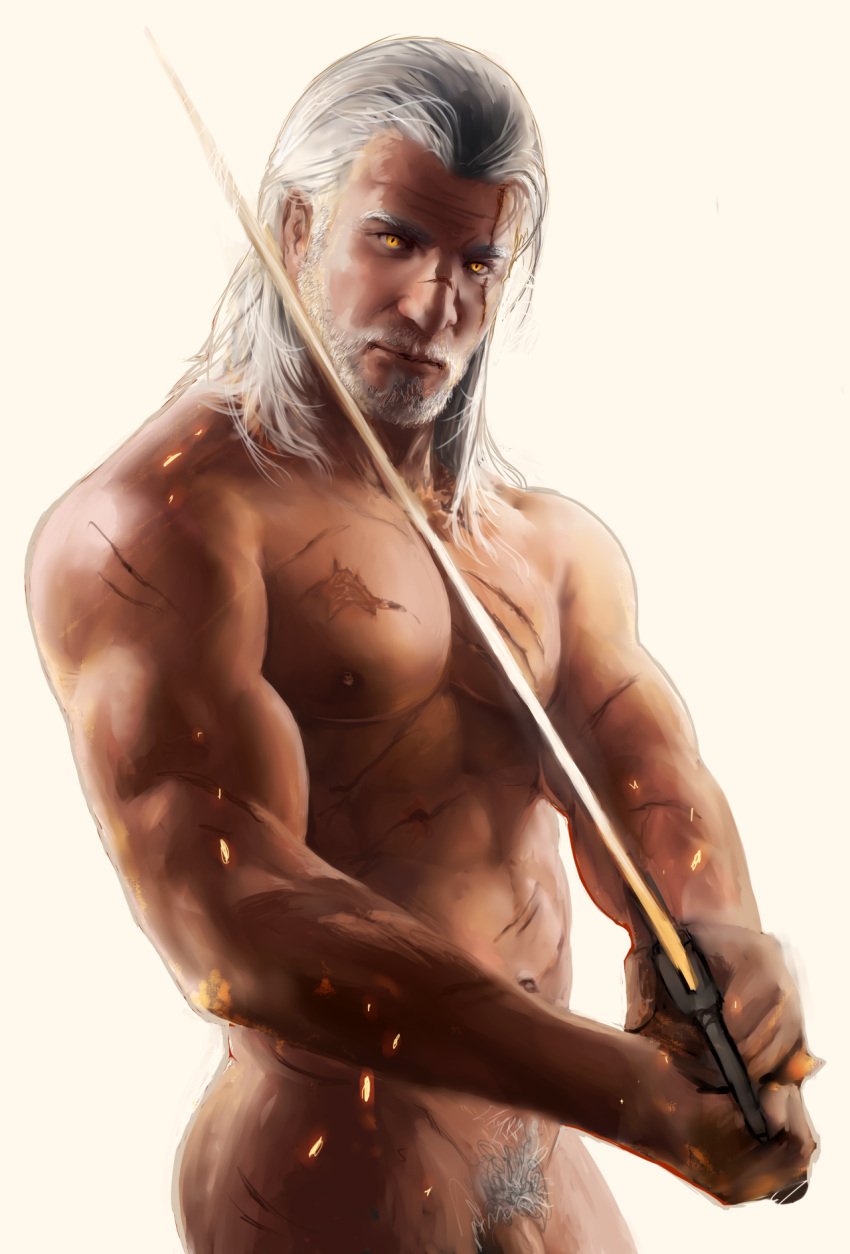 1boy abs ass beard biceps cd_projekt_red geralt_of_rivia human human_only male male_only muscular nude pecs penis pockyrumz pubic_hair scar the_witcher the_witcher_(series) the_witcher_2 the_witcher_3:_wild_hunt white_hair yellow_eyes