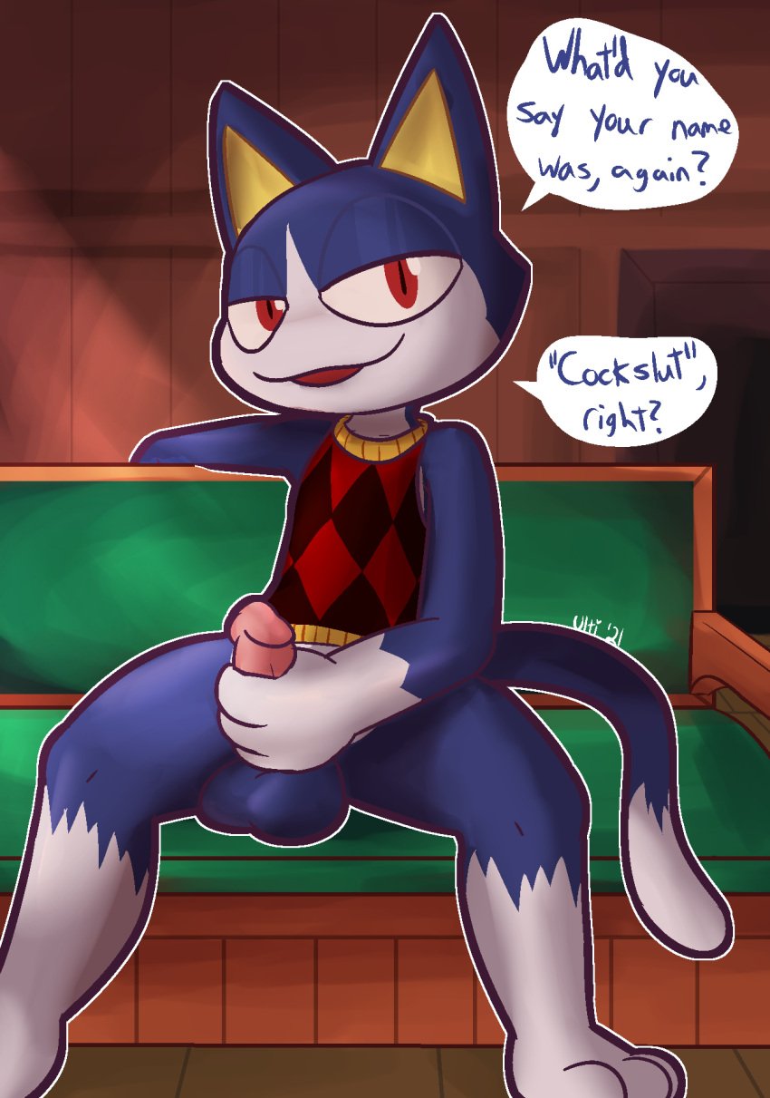 2021 3_toes animal_crossing anthro balls blue_balls blue_body blue_fur bottomless checkered_clothing checkered_shirt checkered_topwear checkered_vest clothed clothing dialogue dipstick_tail dirty_talk domestic_cat english_text erection feet felid feline felis fur genitals glans half-closed_eyes hi_res holding_penis humanoid_genitalia humanoid_penis inside looking_at_viewer male male_only mammal masturbation multicolored_tail narrowed_eyes nintendo partially_clothed pattern_clothing pattern_shirt pattern_topwear pattern_vest penile penile_masturbation penis pink_glans pink_penis pupils red_clothing red_eyes red_shirt red_topwear red_vest rover_(animal_crossing) shirt sitting slit_pupils smile solo speech_bubble spread_legs spreading tail text toes topwear ultilix vest video_games white_body white_fur yellow_body yellow_clothing yellow_fur yellow_inner_ear yellow_shirt yellow_topwear yellow_vest