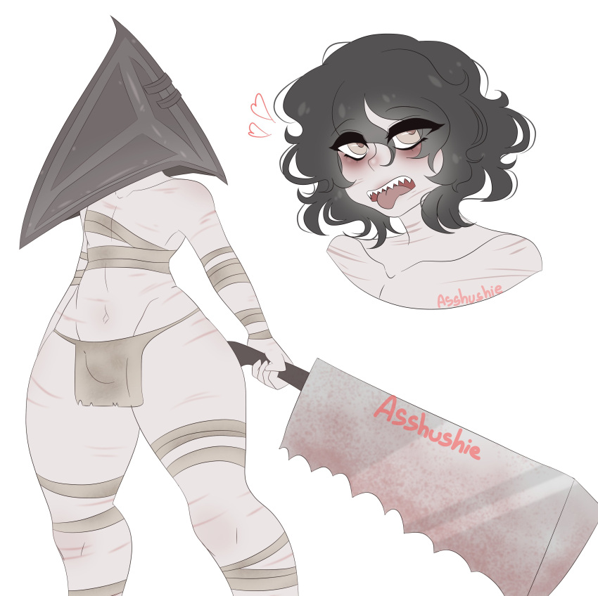 1boy 2021 artist_signature asshushie bags_under_eyes bandages black_hair bulge femboy grey_skin heart humanized knife loincloth luvanely male male_only midriff monster nightmare_husbando pale_skin pyramid_head sharp_teeth silent_hill solo thick_thighs tongue tongue_out twink weapon white_background