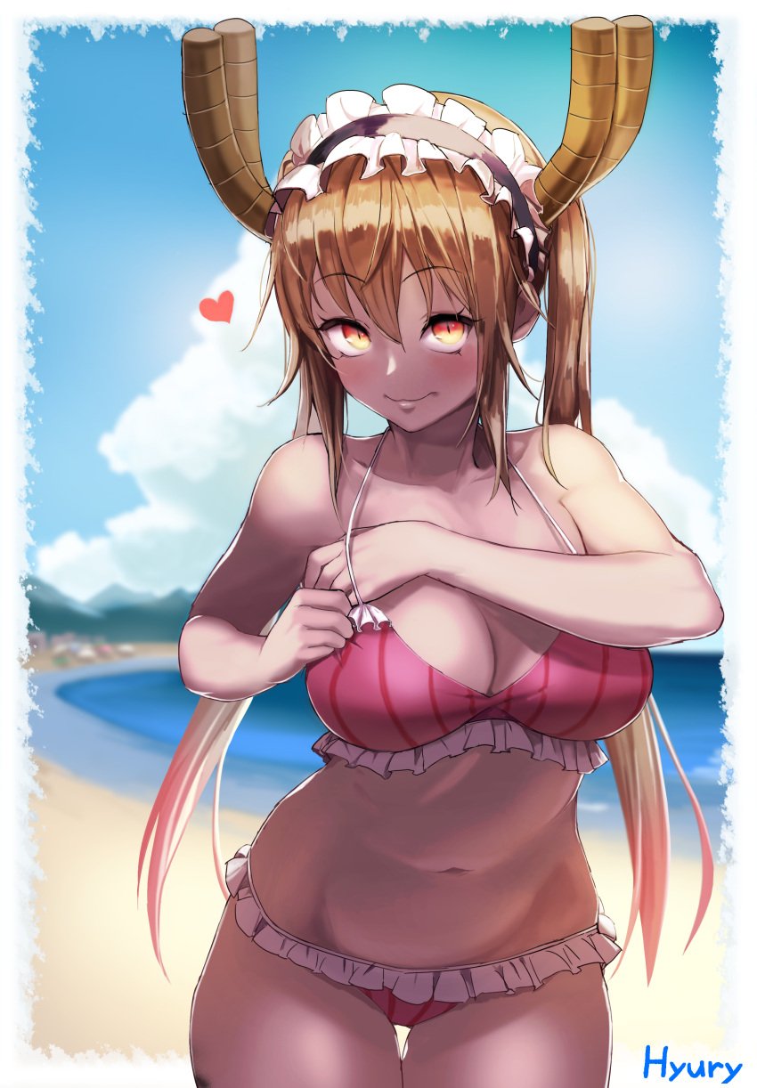 1girls absurdres artist_name beach bikini blue_sky blush breasts cleavage closed_mouth cloud collarbone day dragon_girl dragon_horns eyebrows_visible_through_hair female female_only frilled_bikini frills grabbing_own_breast hand_on_own_chest heart highres horns hyury large_breasts looking_at_viewer maid_headdress miss_kobayashi's_dragon_maid navel ocean orange_hair outdoors pink_bikini pinstripe_pattern red_eyes sky slit_pupils smile solo solo_female standing stomach striped striped_bikini swimsuit thigh_gap tohru_(dragon_maid) twintails