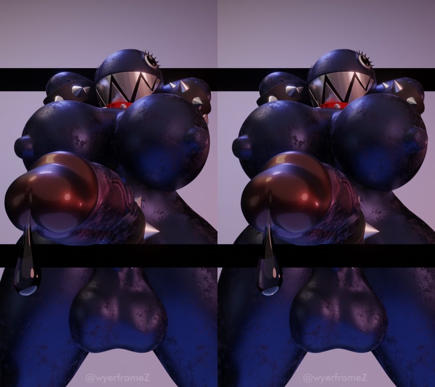 3d anthro_only anthrofied balls big_balls big_breasts big_penis black_body breasts chain_chomp cross_stereogram dripping_precum fat_ass futa_only futanari huge_breasts huge_cock huge_penis mario_(series) metallic_body multiple_images nintendo nipples precum sharp_teeth solo spiked_armlet spiked_cock_ring spiked_collar spiked_legband stereogram thick thick_thighs wyerframez