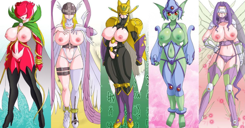 4_wings angewomon areola areolae blonde_hair breasts breasts_out crest_of_light crests_(digimon) digimon fairimon fairy fairy_wings fairymon functionally_nude glamour_works hips huge_breasts huge_hips huge_thighs kazemon large_breasts looking_at_viewer milf nipples pointless_clothes pointless_clothing purple_hair ranamon rosemon sakuyamon tagme take_your_pick thick_thighs thighs topless useless_clothes useless_clothing visor wide_hips wings