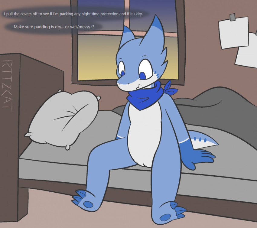 anthro bed bedroom blue_body blue_eyes blue_scales building casual english_text feet female furniture genitals handwear hindpaw house kobold lazuli_(ritzcat) neckwear paws pussy ritzcat scales sitting solo text white_body white_scales