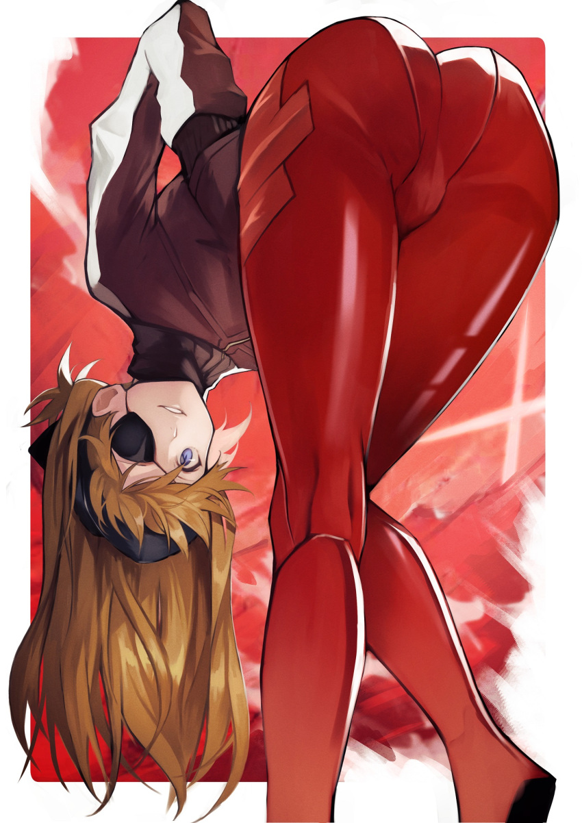 1girls ass ass_focus asuka_langley_sohryu bangs bent_over black_eyepatch blue_eyes bodysuit breasts brown_hair bubble_butt cameltoe clothing coat commentary_request eyepatch female from_behind hat highres huge_ass long_hair looking_at_viewer neon_genesis_evangelion orange_hair parted_lips plugsuit pose rebuild_of_evangelion shiny smile solo yoshi55level