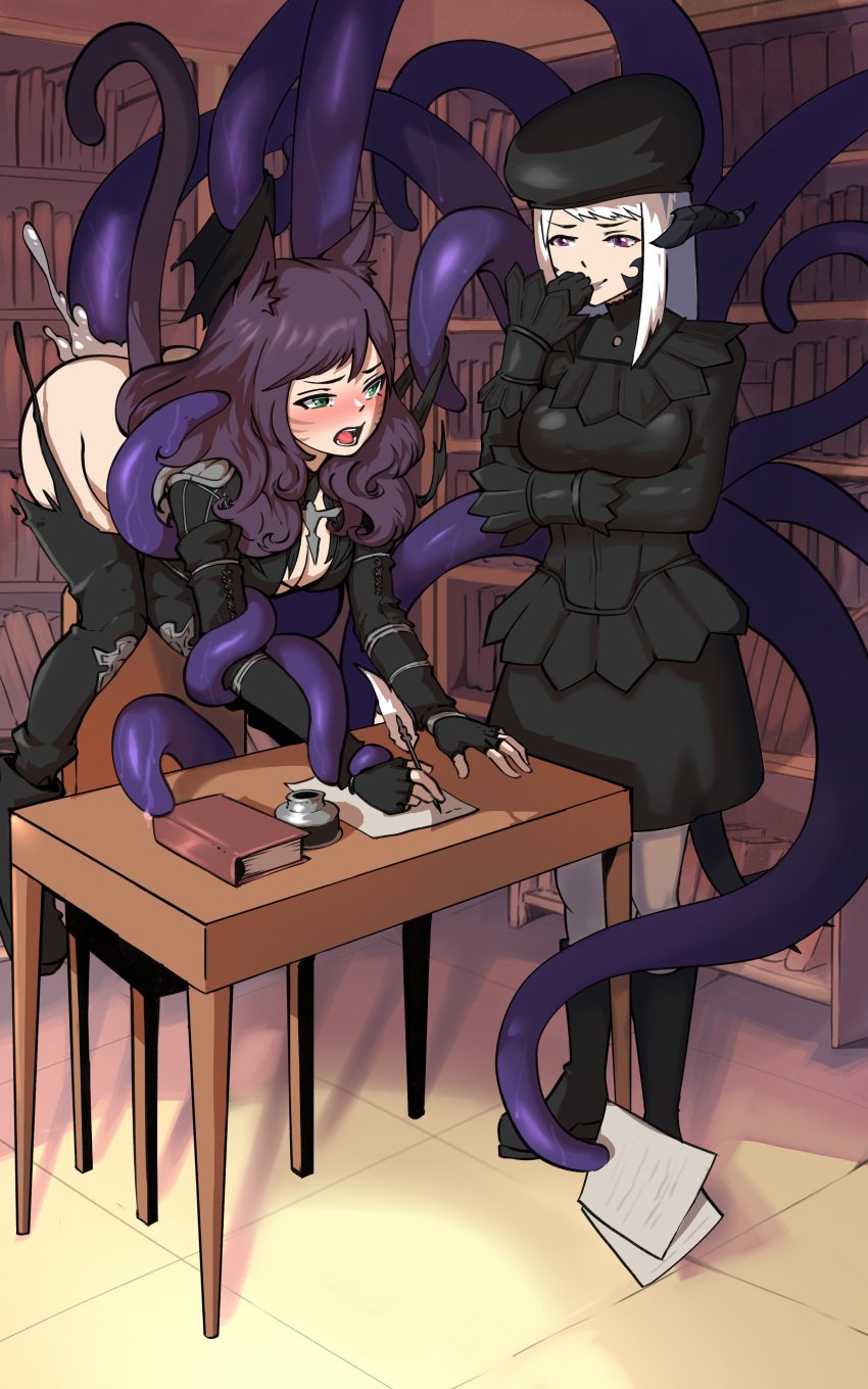 2girls altana_tumet animal_ears ass au_ra black_legwear blush breasts cleavage clothed_female_nude_female clothing cum cum_in_pussy cum_inside dubious_consent female final_fantasy final_fantasy_xiv green_eyes knees_together_feet_apart leti_moonreaver long_hair magnifire miqo'te multiple_girls open_mouth penetration purple_tentacles rape restrained sex submissive_female tentacle tentacle_sex torn_clothing vaginal_penetration xaela