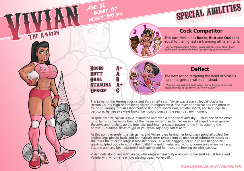 4girls big_breasts big_butt bimbo black_hair blue_eyes character_bio character_profile character_sheet english_text golden_dildo herron_house_(series) model_sheet multiple_girls muscular_female my_mom_and_sister_are_size_queen_sluts pink_legwear pink_shoes pink_shorts pink_thighhighs pink_topwear pink_wristband pinup ponytail rabies-t-lagomorph red_shoes red_shorts size_queen slutwr1ter solo stats tall_girl tan_skin text vivian_herron volleyball volleyball_uniform