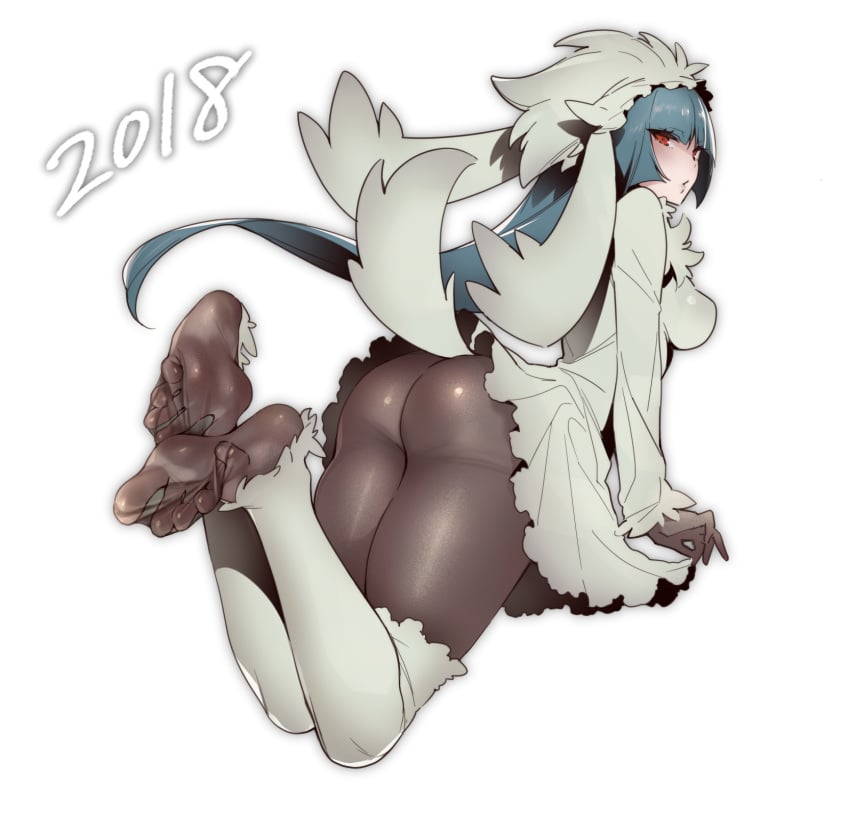 10s 1girls 2018 akira_(natsumemo) ass black_legwear blue_hair breasts chinese_zodiac cosplay costume creatures_(company) dress feet female foot_fetish furfrou furfrou_(cosplay) furfrou_(normal) game_freak grey_dress hat highres hizuki_akira long_hair long_sleeves looking_back new_year nintendo no_shoes pantyhose pokemon pokemon_(cosplay) pokemon_(game) pokemon_rgby pokemon_xy red_eyes sabrina_(pokemon) simple_background skin_tight soles solo solo_female spread_toes tail toes white_background year_of_the_dog