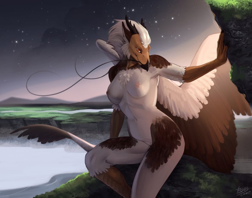 2020 accipitrid accipitriform anthro areola avian barbel_(anatomy) beak biped bird breasts brown_body brown_feathers brown_fur chest_tuft detailed_background digital_media_(artwork) egyptian_vulture eva_(ozawk) feathered_wings feathers female fur genitals humanoid_hands navel nipples non-mammal_breasts nude old_world_vulture orange_eyes outside plgdd pussy scuted_arms sitting solo tuft vulture white_body white_feathers white_fur wings