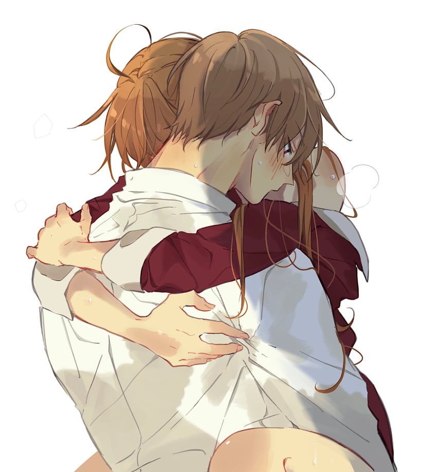 11dingdong 1boy 1girls aged_up ambiguous_penetration arms_around_neck blush breath brown_hair cling clinging clothed_sex embrace female gintama hug implied_sex kagura_(gintama) long_hair male off_shoulder okita_sougo orange_hair sweat