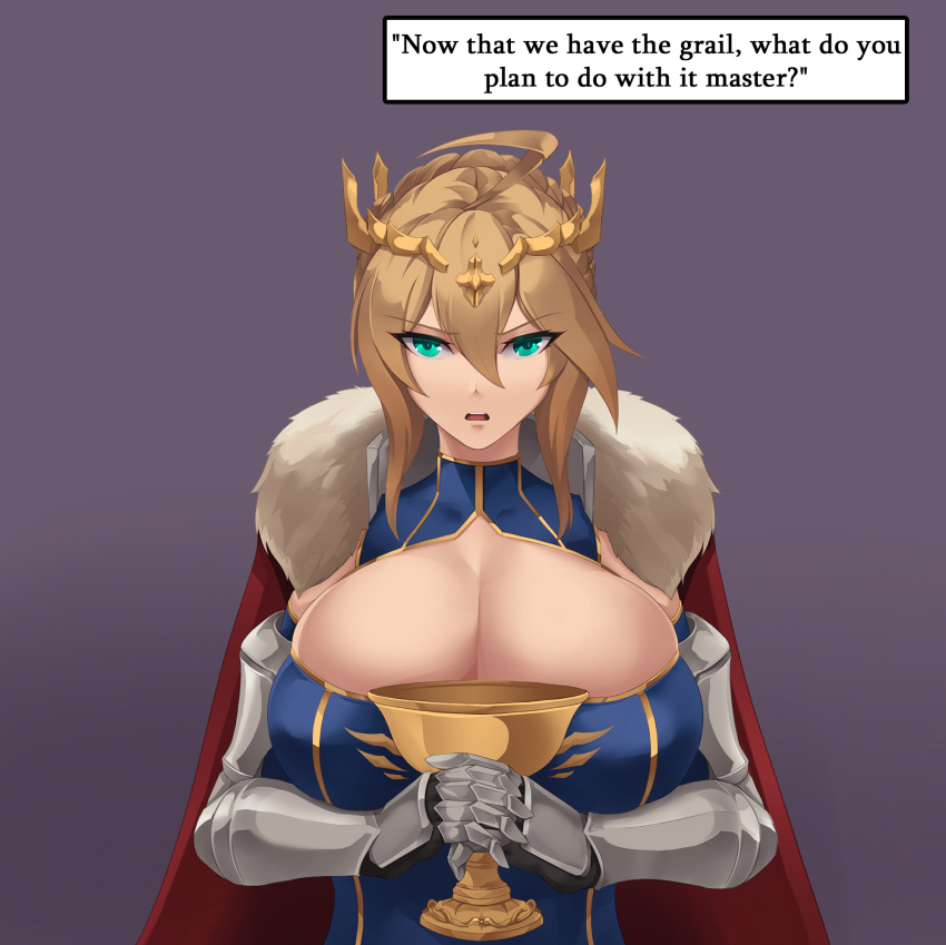 1girls artoria_pendragon artoria_pendragon_(lancer) big_breasts blonde_hair breasts cleavage fate/grand_order fate_(series) female female_only green_eyes holy_grail_(fate) looking_at_viewer pockyland solo solo_female tagme talking_to_viewer