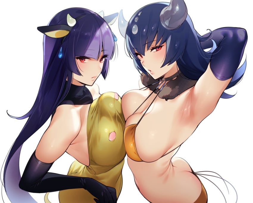 2girls akira_(natsumemo) animal_ears arm_up armpits arms_up ass bangs bikini blunt_bangs blush breast_press breasts butt_crack cosplay cow_horns creatures_(company) dress dual_persona elbow_gloves fake_animal_ears fake_horns game_freak gen_1_pokemon gen_2_pokemon gloves hairband highres hime_cut hizuki_akira horns large_breasts long_hair looking_at_viewer medium_hair miltank miltank_(cosplay) multiple_girls nintendo open_mouth pokemon pokemon_(cosplay) pokemon_(game) pokemon_(species) pokemon_frlg pokemon_hgss purple_hair red_eyes sabrina_(pokemon) sabrina_(pokemon_hgss) short_dress simple_background swimsuit symmetrical_docking tauros tauros_(cosplay) white_background yellow_bikini yellow_dress