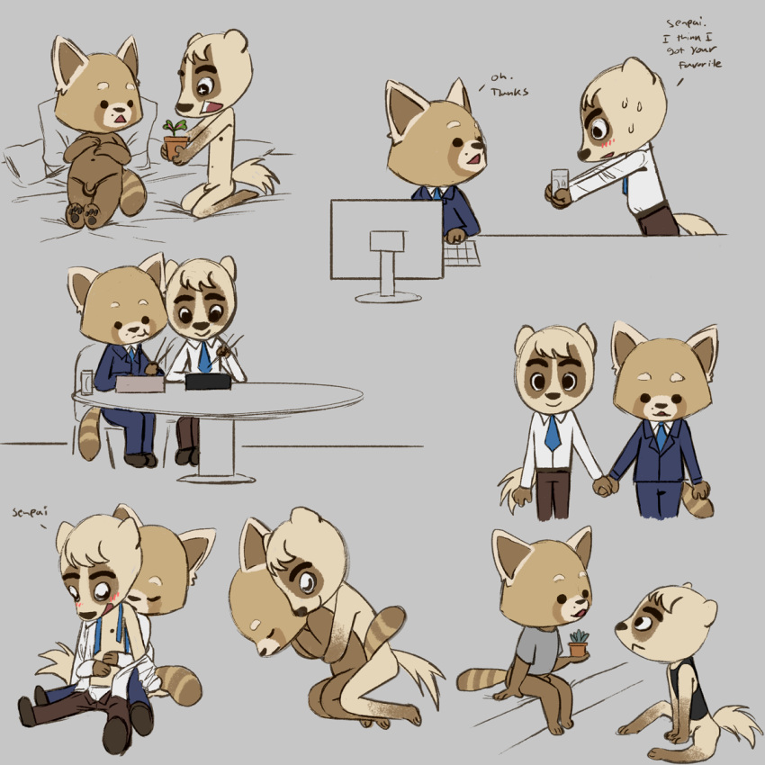 1:1 aggressive_retsuko ailurid anai_(aggretsuko) anthro badger cseed genitals hand_holding hi_res male male/male male_only mammal mustelid musteline nude penis red_panda resasuke sanrio smooth_fur spooning wholesome