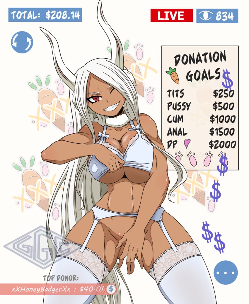 1girls bare_shoulders bottomless bra bra_lift bunny_ears covering covering_crotch curvy curvy_figure dark-skinned_female dark_skin female female_only garter_belt garter_straps ggc grin legwear lingerie livestream long_hair looking_at_viewer miruko my_hero_academia no_panties one_eye_closed partially_clothed red_eyes rumi_usagiyama smile standing stockings teasing thick_thighs underboob underwear undressing very_long_hair white_fur wide_hips wink