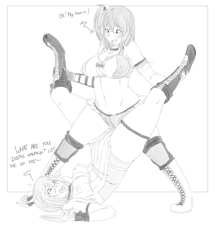 2girls about_to_fart boots cute dead_or_alive dialogue english_text female female_only greyscale holding_legs honoka_(doa) lazei leotard monochrome multiple_girls nico_(doa) scissoring sketch skimpy_clothes text thick_thighs thighs tribadism tribadism_through_clothing wrestling_outfit yuri