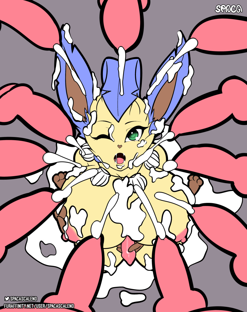 absurd_res alternate_color animal_genitalia animal_penis anthro bodily_fluids breasts bukkake canine_penis cum cum_on_face digital_media_(artwork) eeveelution erection genital_fluids genitals group group_sex hi_res knot leafeon male mammal nintendo nipples nude penis pokemon pokemon_(species) rain_(purplebird) sex simple_background spaca text tongue video_games