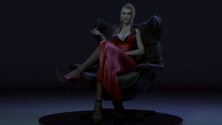 1girls 3d big_breasts blender blonde blonde_hair blue_eyes bracelet busty chair cleavage cleavage_cutout clothed clothing crossed_legs dress earrings female female_only final_fantasy final_fantasy_vii final_fantasy_vii_remake heels high_heels jewelry large_breasts lipstick makeup necklace office_chair pale-skinned_female pale_skin pinup pinup_pose platinum_blonde_hair pose posing quilsfm red_dress red_shoes ring scarlet_(ffvii) shoes sitting sitting_on_chair solo stockings thigh_highs thighhighs tied_hair