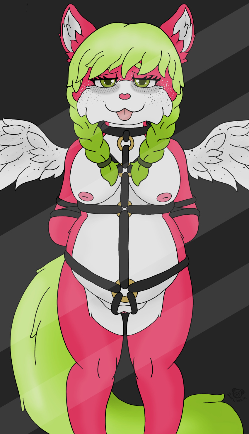 absurd_res anthro blush bondage bondage bondage_harness bound darknetic dragonfruit_cat female fur genitals green_body green_eyes green_fur green_hair hair happy harsha_the_dragonfruit_cat_(chocochu) hi_res hybrid lockscreen nipples nude pink_body pink_fur pussy simple_background solo tongue tongue_out white_body white_fur wings