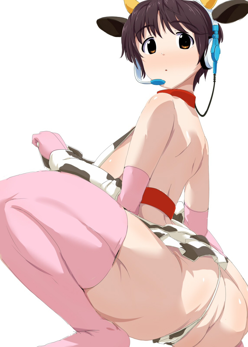 10s animal_ears animal_print ass bare_back breasts brown_eyes brown_hair bubble_butt cow_ears cow_horns cow_print female headset highres horns huge_ass idolmaster idolmaster_cinderella_girls large_breasts looking_at_viewer namamo namamo_(kura) oikawa_shizuku panties panties_aside pink_legwear short_hair sideboob simple_background squatting thighhighs underwear very_short_hair