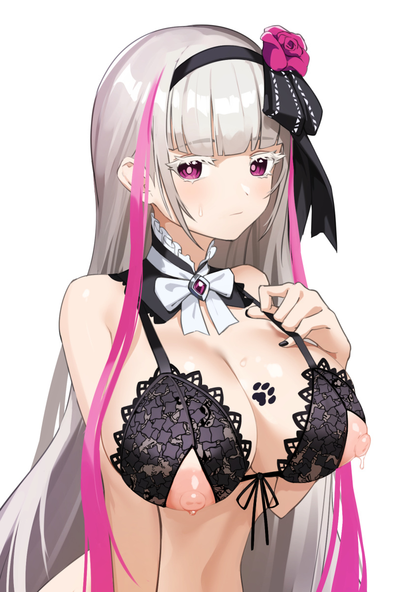 1girls areolae bangs bare_arms bare_shoulders black_bra black_hairband black_nails black_ribbon blunt_bangs bow bowtie bra breast_tattoo breasts cleavage closed_mouth colored_eyelashes commentary_request cupless_bra detached_collar eternity_(last_origin) ett eyebrows_visible_through_hair female fingernails flower front-tie_bra front-tie_top hair_flower hair_ornament hair_ribbon hairband hand_up highres korean_commentary lace lace-trimmed_bra lace_trim large_breasts last_origin light-skinned_female light_blush light_skin long_hair looking_at_viewer multicolored_hair nail_polish nipples paw_print paw_tattoo pink_eyes pink_flower pink_hair pink_rose ribbon rose shiny shiny_hair sidelocks silver_hair simple_background solo strap_lift streaked_hair string_bra sweat tattoo underwear underwear_only upper_body very_long_hair white_background white_bow white_neckwear