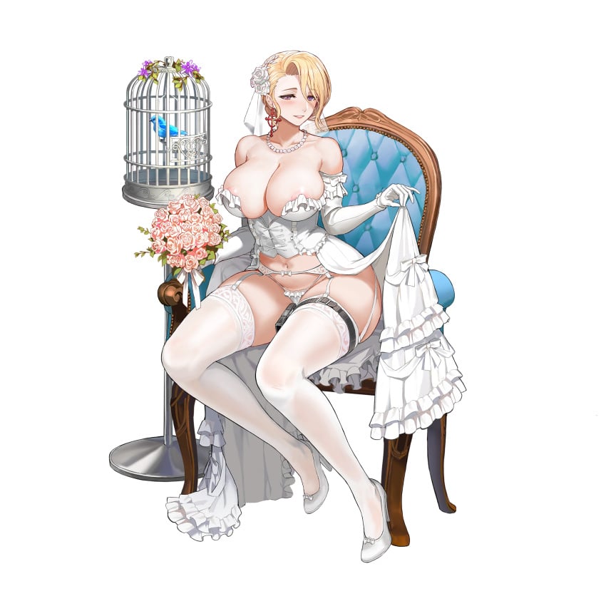 1girls amy_razor areolae bare_shoulders bird blonde_hair bouquet breasts bridal_lingerie bridal_veil bride bustier cage chair cleavage corset dress earrings elbow_gloves female flower full_body garter_straps gloves hair_between_eyes high_heels highres jewelry large_breasts last_origin lingerie looking_at_viewer navel necklace nipple_slip official_art open_clothes open_dress panties pearl_necklace purple_eyes sitting skirt_hold smile solo tachi-e taesi thighhighs transparent_background underwear veil wedding_dress white_gloves white_legwear white_panties