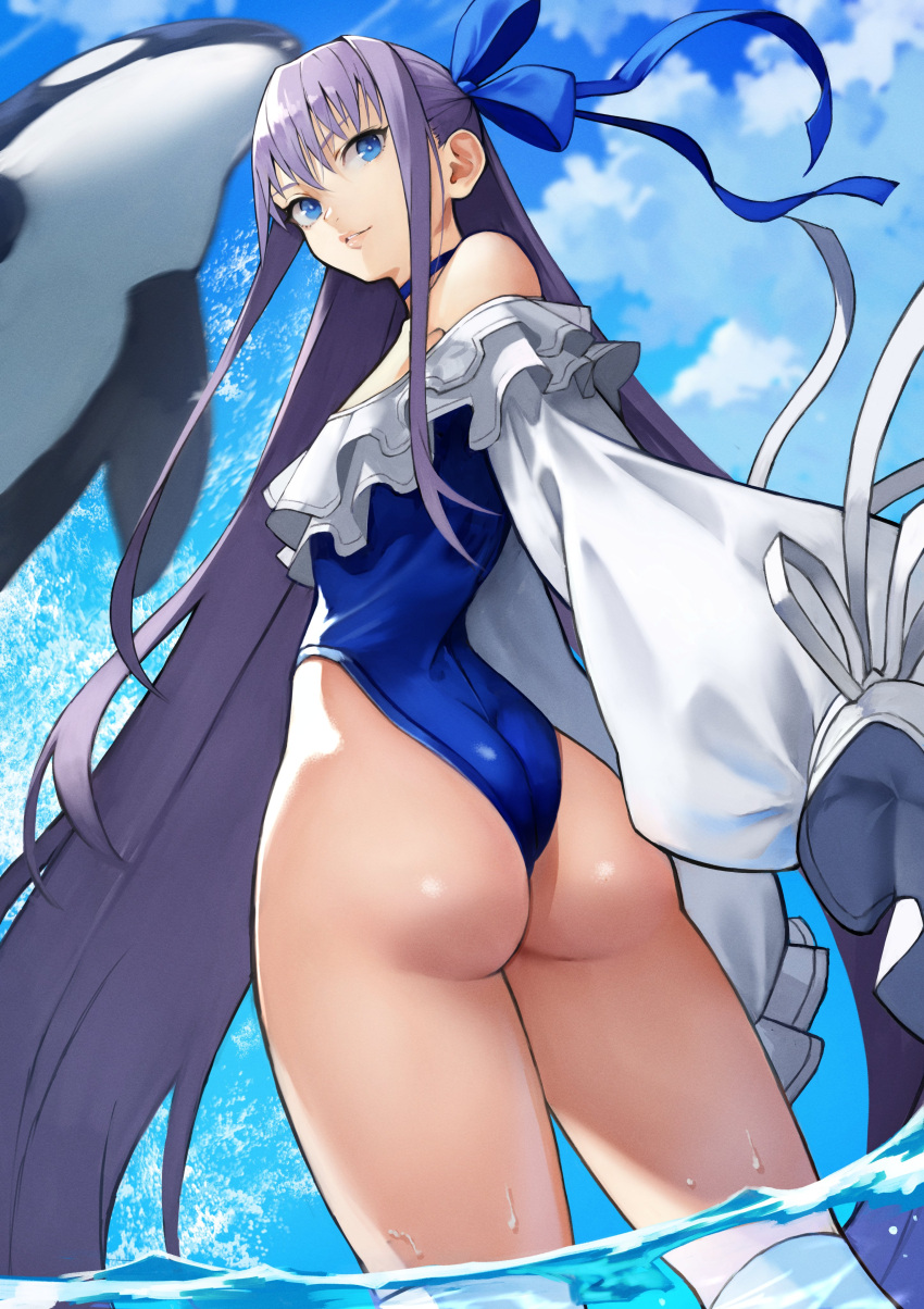 absurdres ass back bangs bare_shoulders blue_eyes blue_ribbon blue_sky breasts bubble_butt choker closed_mouth fate/grand_order fate_(series) female frills hair_ribbon highleg highleg_swimsuit highres long_hair long_sleeves looking_back meltryllis meltryllis_(fate) meltryllis_(swimsuit_lancer)_(fate) off-shoulder_swimsuit off_shoulder one-piece_swimsuit orca puffy_sleeves purple_hair revision ribbon sky sleeves_past_fingers sleeves_past_wrists small_breasts swimsuit thighs very_long_hair white_ribbon yoshi55level