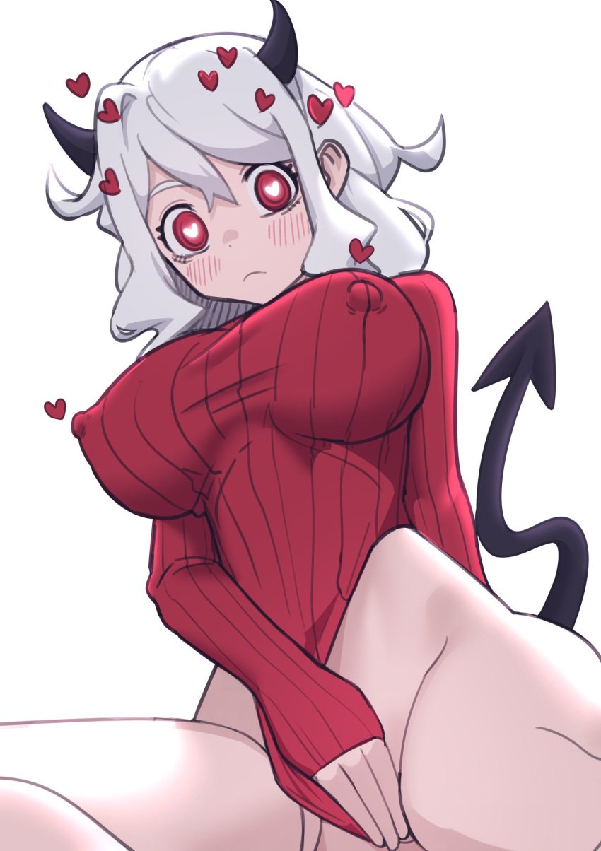 3d between_legs black_horns black_tail blush breasts closed_mouth covered_erect_nipples demon_girl demon_horns demon_tail ett female heart heart-shaped_pupils helltaker highres horns large_breasts long_sleeves looking_at_viewer looking_down medium_hair modeus_(helltaker) nipple_bulge no_panties no_pants red_eyes red_sweater ribbed_sweater simple_background sitting solo sweater symbol-shaped_pupils tail white_background white_hair