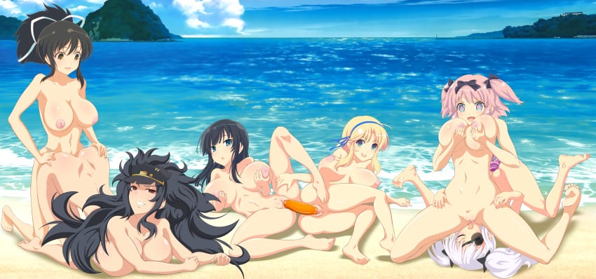 asuka_(senran_kagura) bancho batothecyborg beach cunnilingus daidouji_(senran_kagura) dildo_in_pussy dildo_sitting doggy_style double_ended_dildo female_only group_sex hibari_(senran_kagura) ikaruga_(senran_kagura) katsuragi_(senran_kagura) licking_pussy multiple_girls nude_female orgy senran_kagura strap-on vaginal_penetration yagyuu_(senran_kagura) yuri