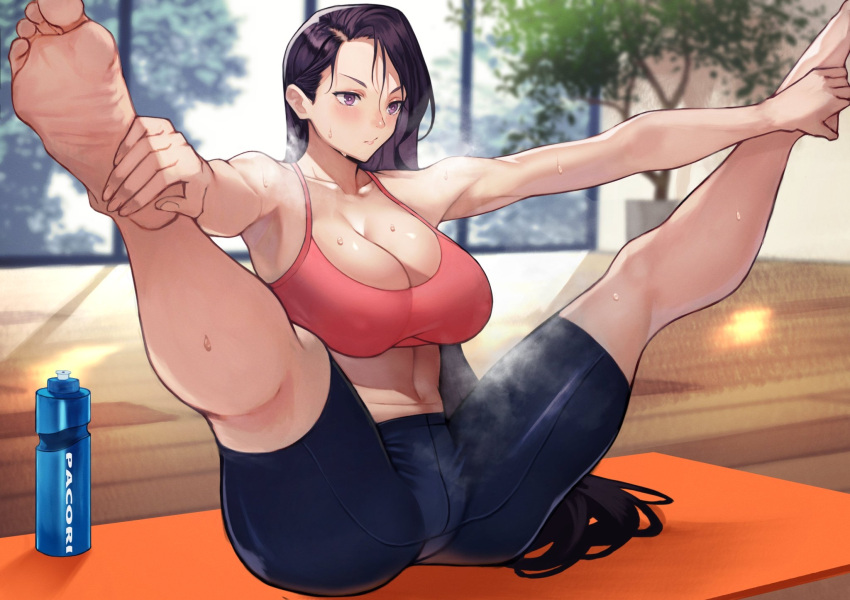 1girls bare_shoulders barefoot bike_shorts bottle bow breasts cleavage commentary exercise feet female highres large_bow large_breasts long_hair looking_at_viewer midriff nipple_bulge original purple_eyes purple_hair soles solo spread_legs steam sweat tank_top thighs toes very_long_hair water_bottle yoshi55level