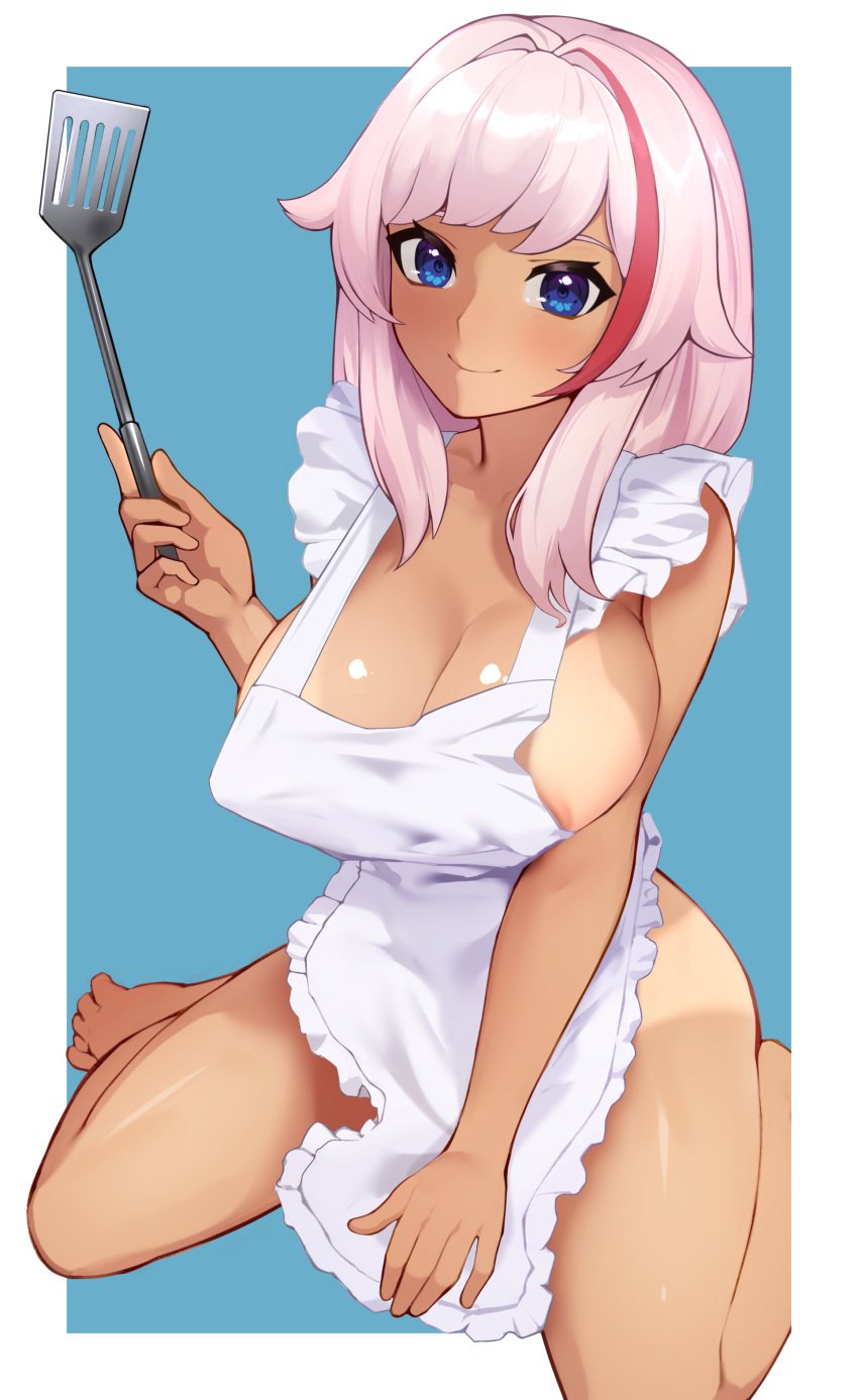 absurdres apron bangs blue_eyes blush breasts ett female highres lancer_mina large_breasts last_origin looking_at_viewer mina_(last_origin) multicolored_hair naked_apron navel nipples shiny shiny_skin short_hair sidelocks silver_hair simple_background sitting smile solo spatula streaked_hair tan tanline wariza